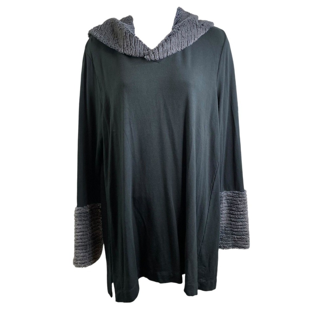 SOFT SURROUNDINGS Womens Black Gray Hooded Tunic M Faux Fur Trim Layering Casual